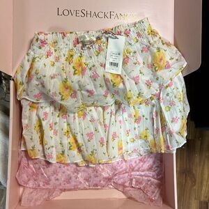 LoveShackFancy Floral Mini Skirt in White and Yellow